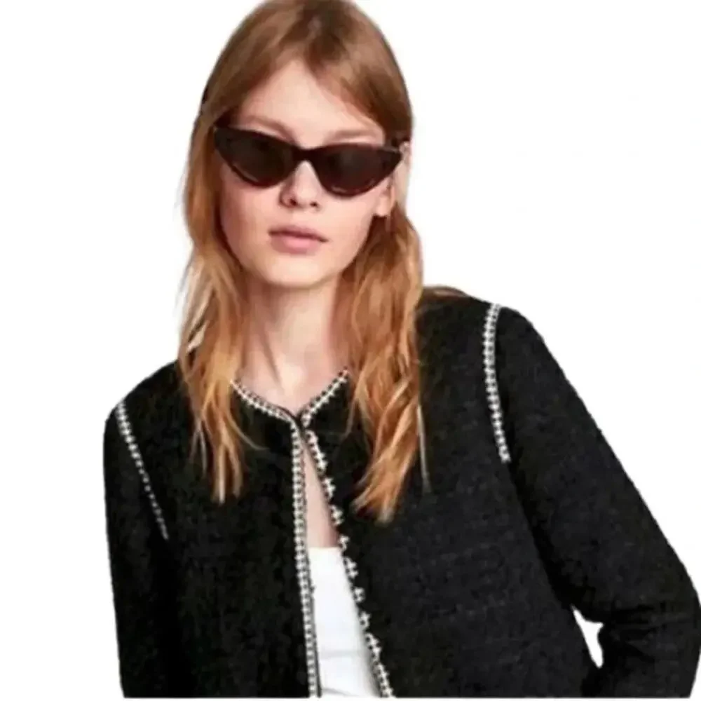 Zara Tweed Fringe Pom Pom Tassels Lined Boucle Jacket Blazer Black Size XS